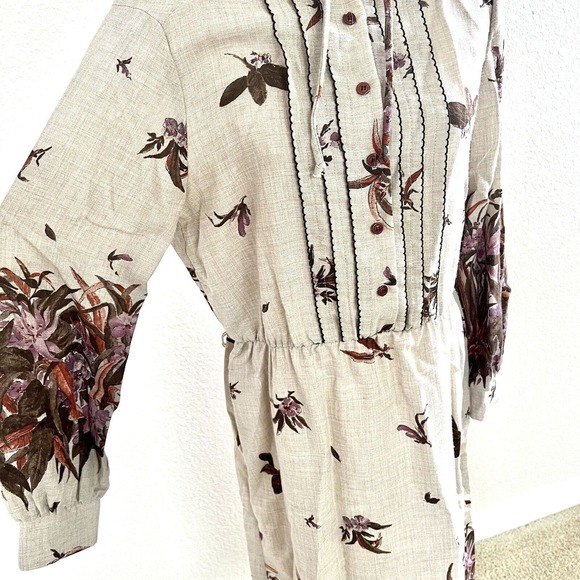Vtg 70’s Sunshine Alley Brown Beige Floral Bird Print Dress Sz 16 With Tie Neck - Picture 6 of 16